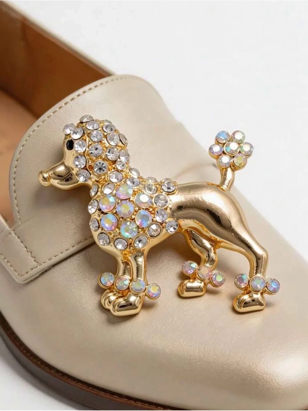 Gold Poodle Dog Brooch with Clear Crystal Accents